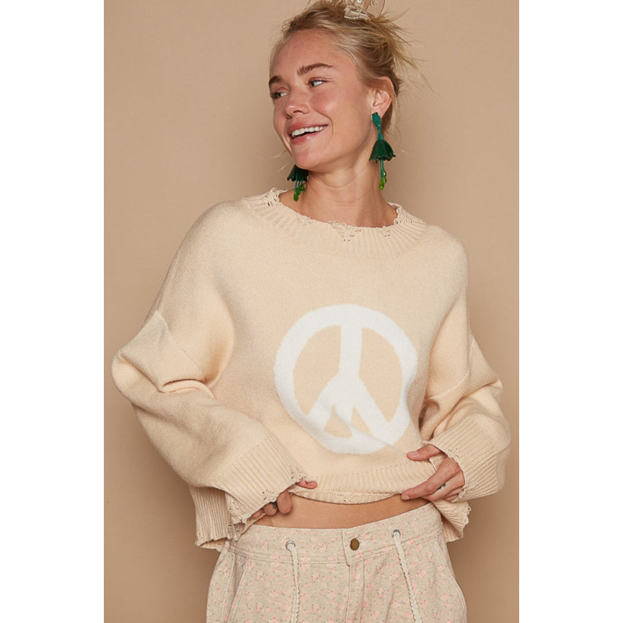 POL Round Neck Long Sleeve Peace Sign Sweater Cream/White / S Apparel and Accessories