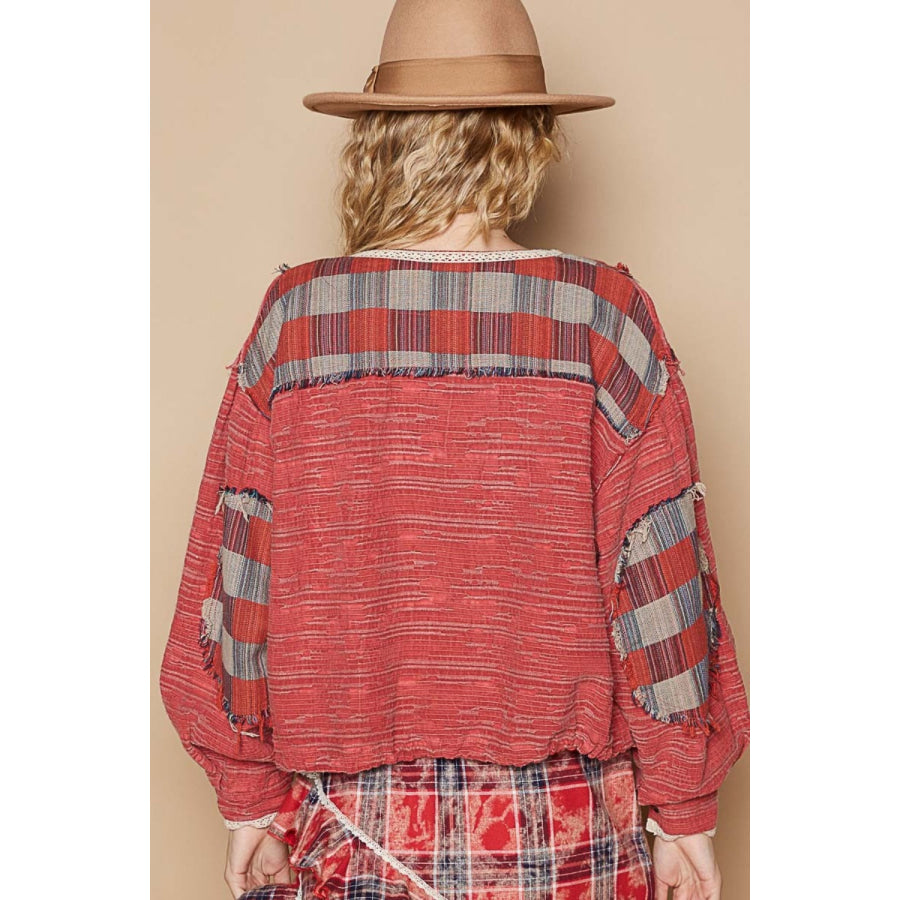 POL Round Neck Long Sleeve Plaid Shirt Apparel and Accessories