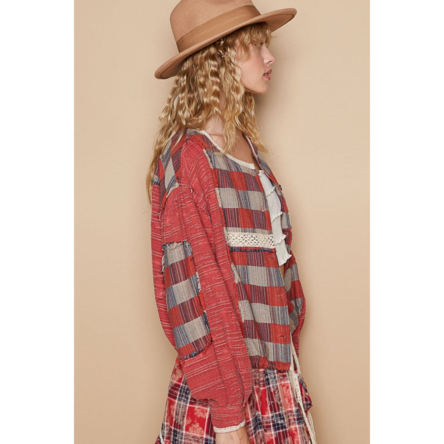 POL Round Neck Long Sleeve Plaid Shirt Apparel and Accessories