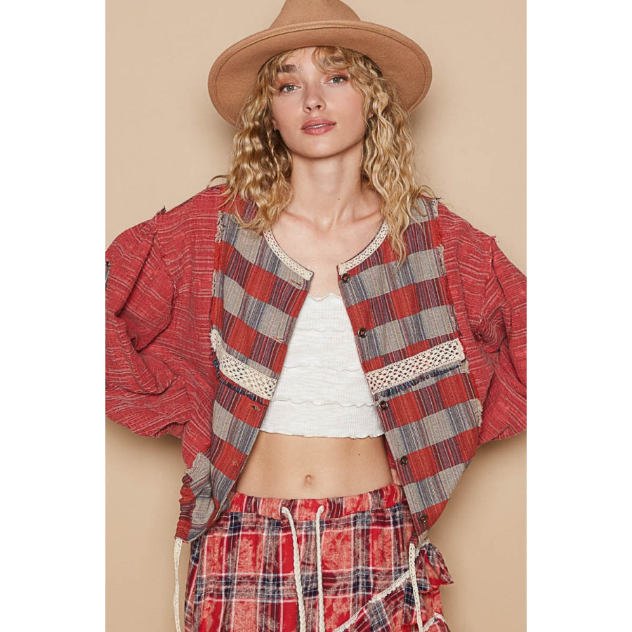 POL Round Neck Long Sleeve Plaid Shirt Apparel and Accessories