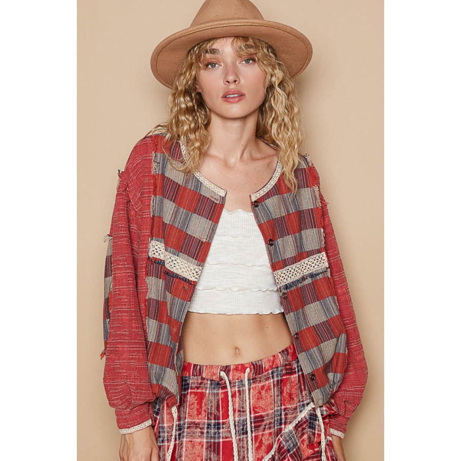 POL Round Neck Long Sleeve Plaid Shirt Red Multi / S Apparel and Accessories