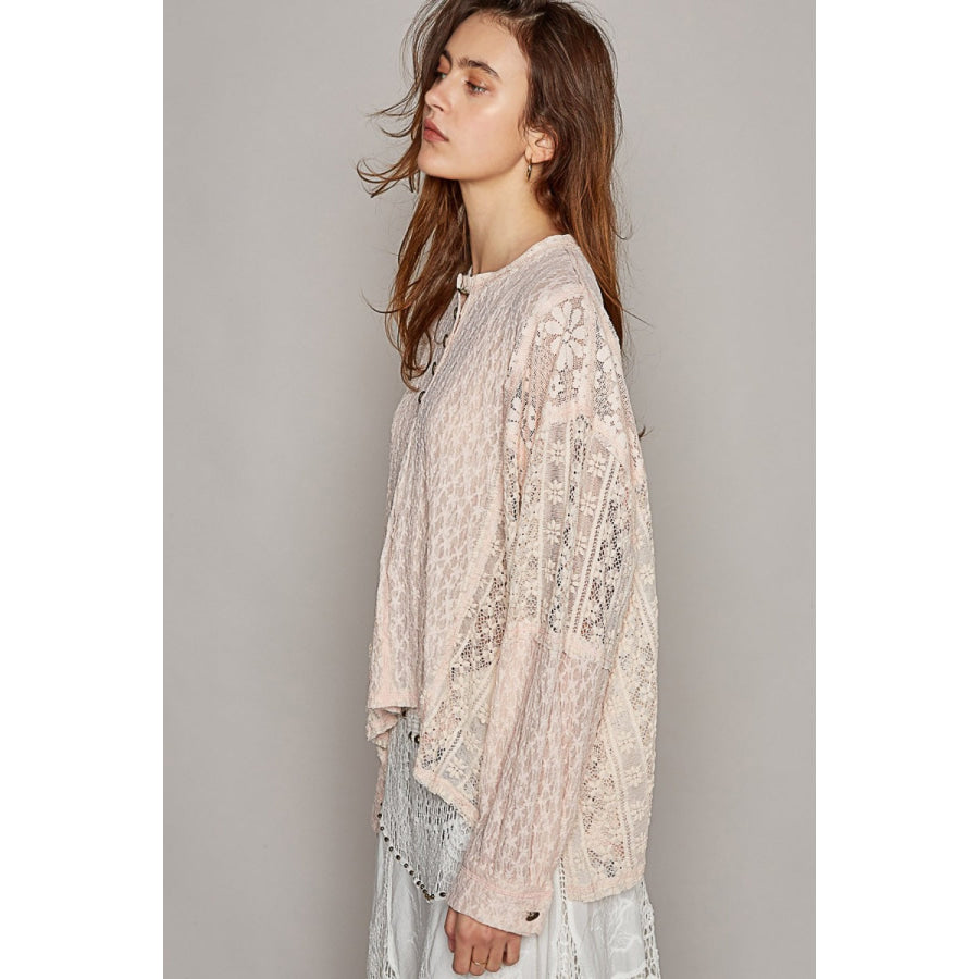 POL Round Neck Long Sleeve Raw Edge Lace Top Apparel and Accessories