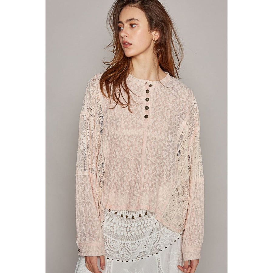 POL Round Neck Long Sleeve Raw Edge Lace Top Apparel and Accessories