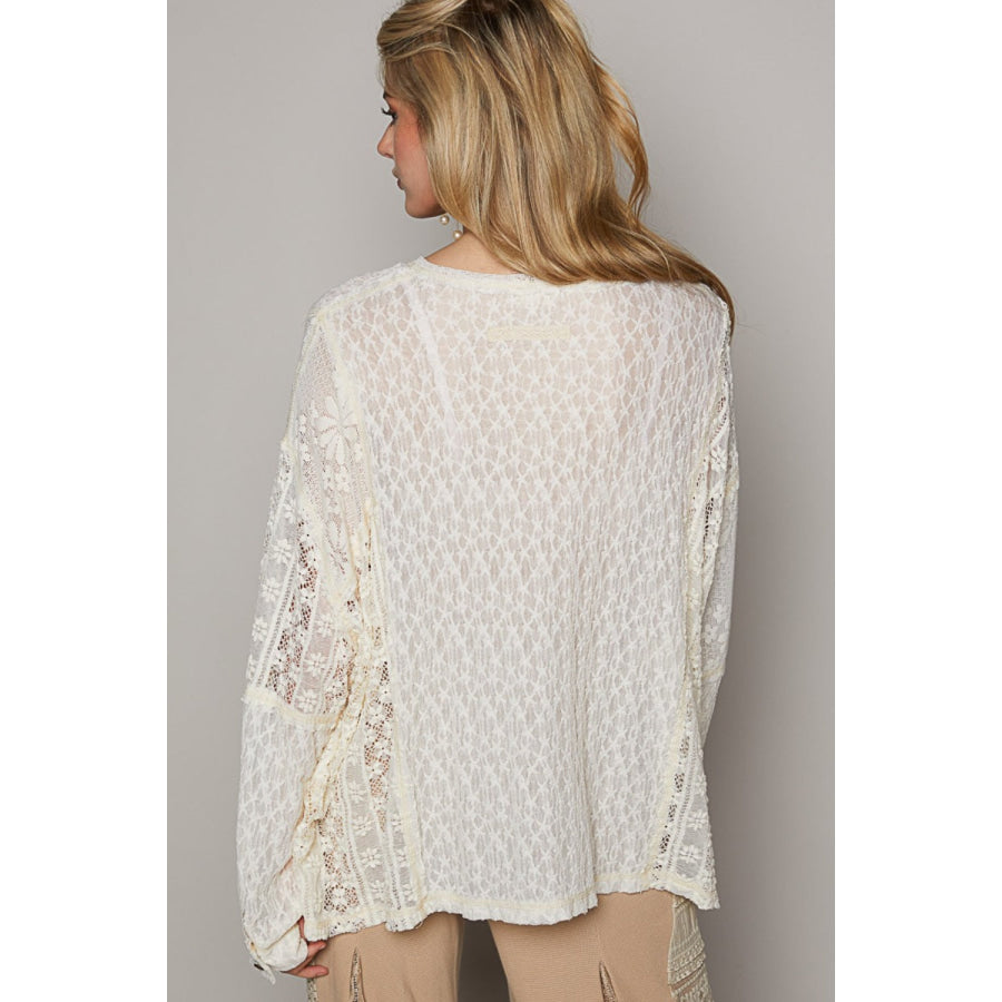 POL Round Neck Long Sleeve Raw Edge Lace Top Cream / S Apparel and Accessories