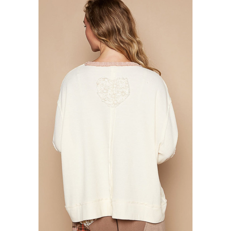 POL Round Neck Long Sleeve Thermal Knit Patch Top Cream / S Apparel and Accessories