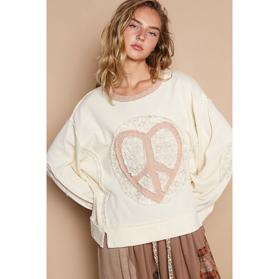 POL Round Neck Long Sleeve Thermal Knit Patch Top Cream / S Apparel and Accessories