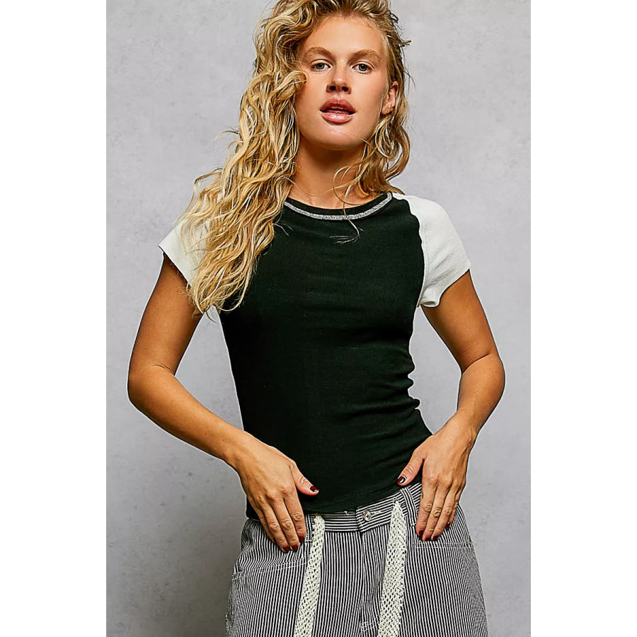 POL Round Neck Outseam Detail T-Shirt with Contrast Color Sleeves BLACK/IVORY / S Apparel and Accessories
