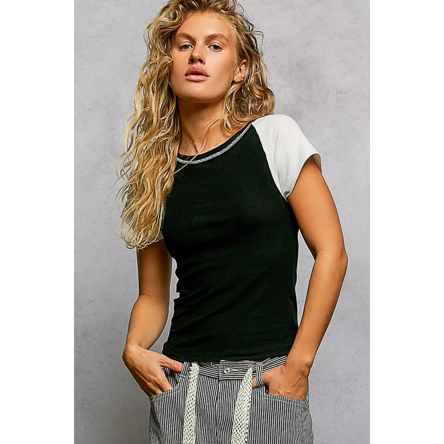 POL Round Neck Outseam Detail T-Shirt with Contrast Color Sleeves BLACK/IVORY / S Apparel and Accessories