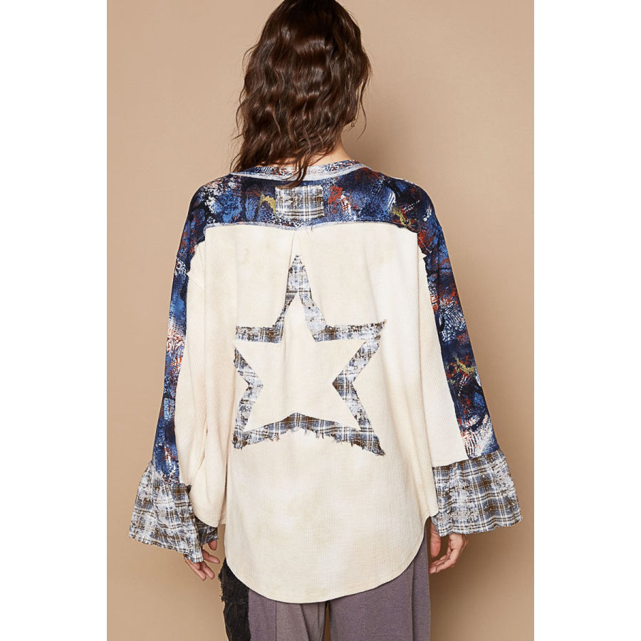 POL Round Neck Plaid Contrast Star Patch Blouse Apparel and Accessories