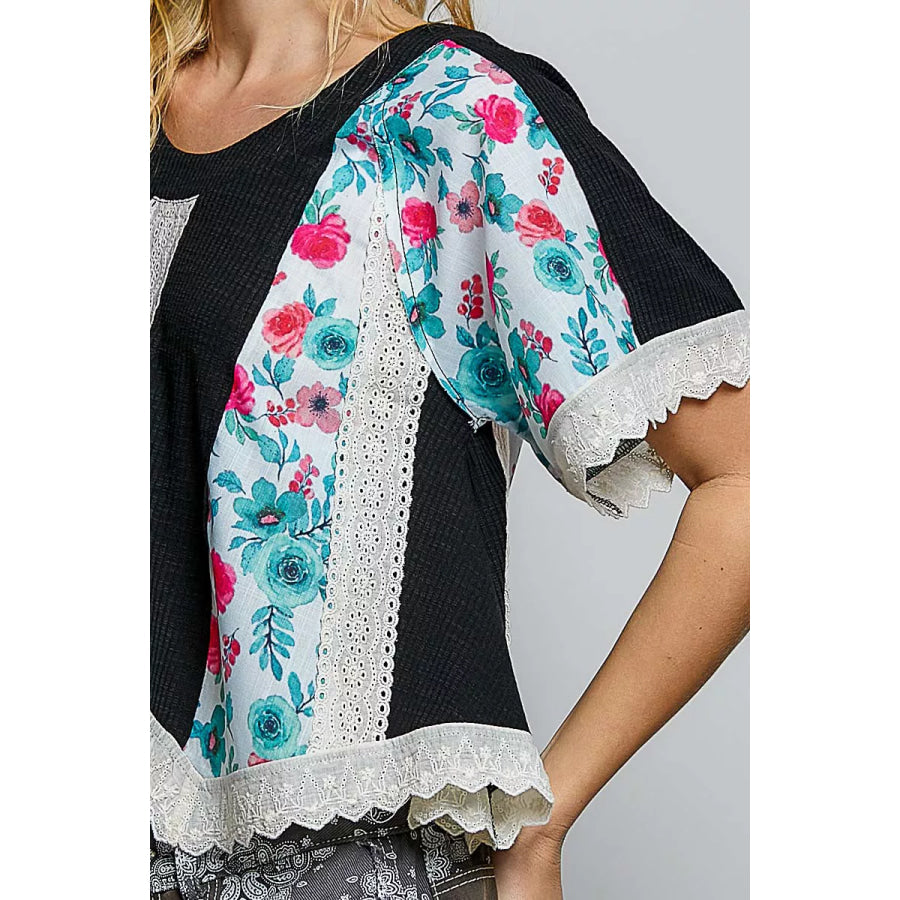 POL Round Neck Ribbed Cropped Top with Lace Detail Apparel and Accessories
