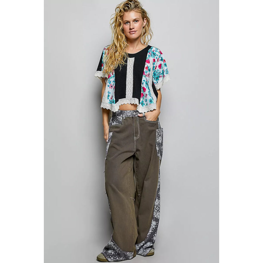 POL Round Neck Ribbed Cropped Top with Lace Detail Apparel and Accessories