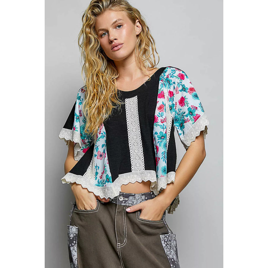 POL Round Neck Ribbed Cropped Top with Lace Detail Apparel and Accessories