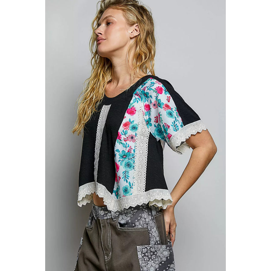 POL Round Neck Ribbed Cropped Top with Lace Detail Apparel and Accessories