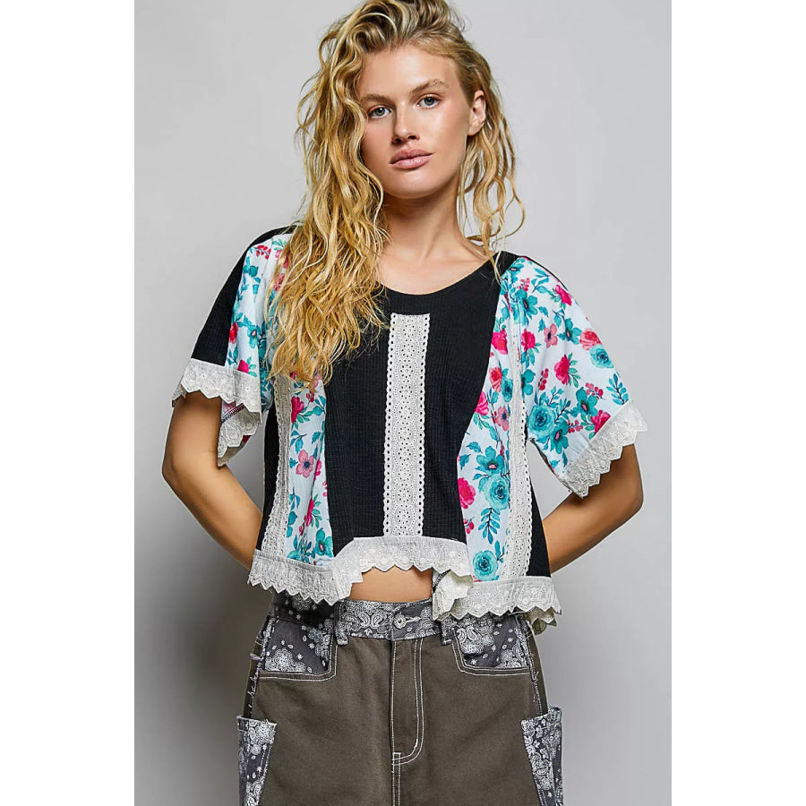 POL Round Neck Ribbed Cropped Top with Lace Detail BLACK / S Apparel and Accessories