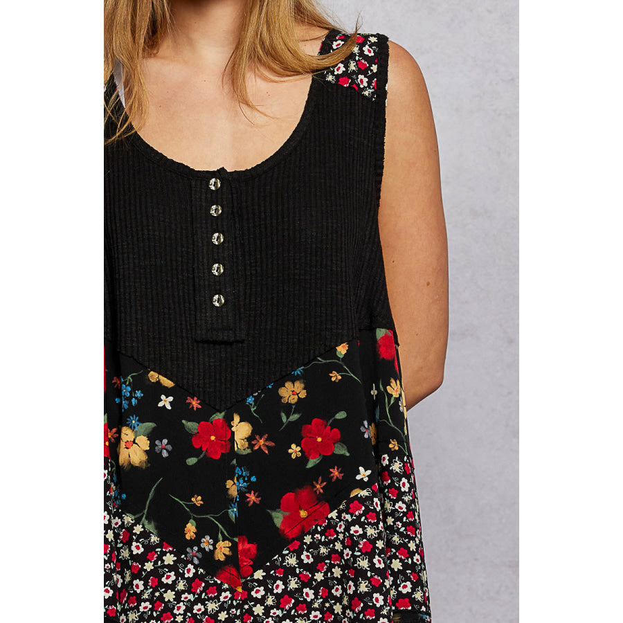 POL Round Neck Ribbed Tank with Woven Print Patch Apparel and Accessories