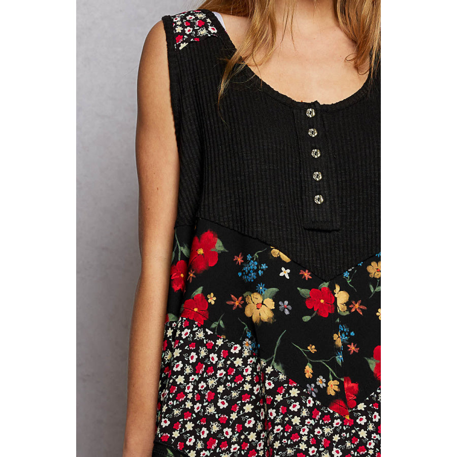 POL Round Neck Ribbed Tank with Woven Print Patch Apparel and Accessories