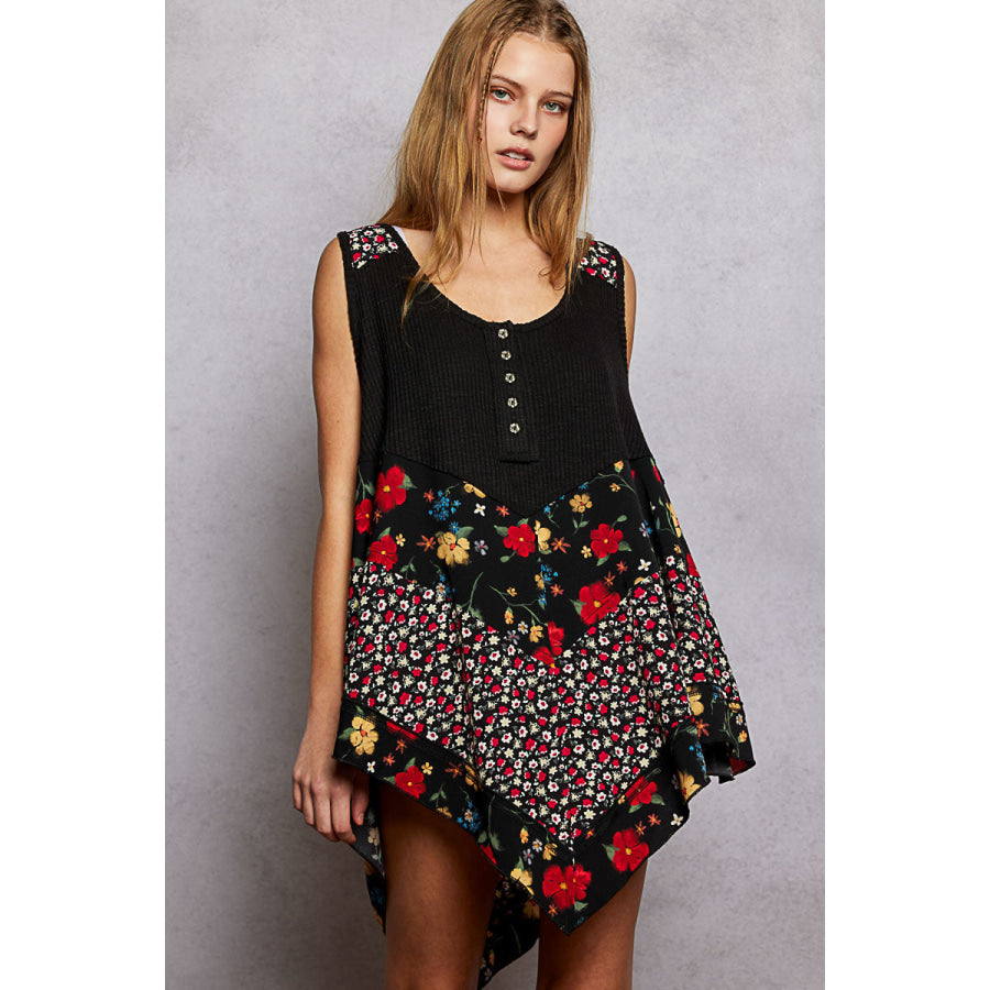 POL Round Neck Ribbed Tank with Woven Print Patch Apparel and Accessories
