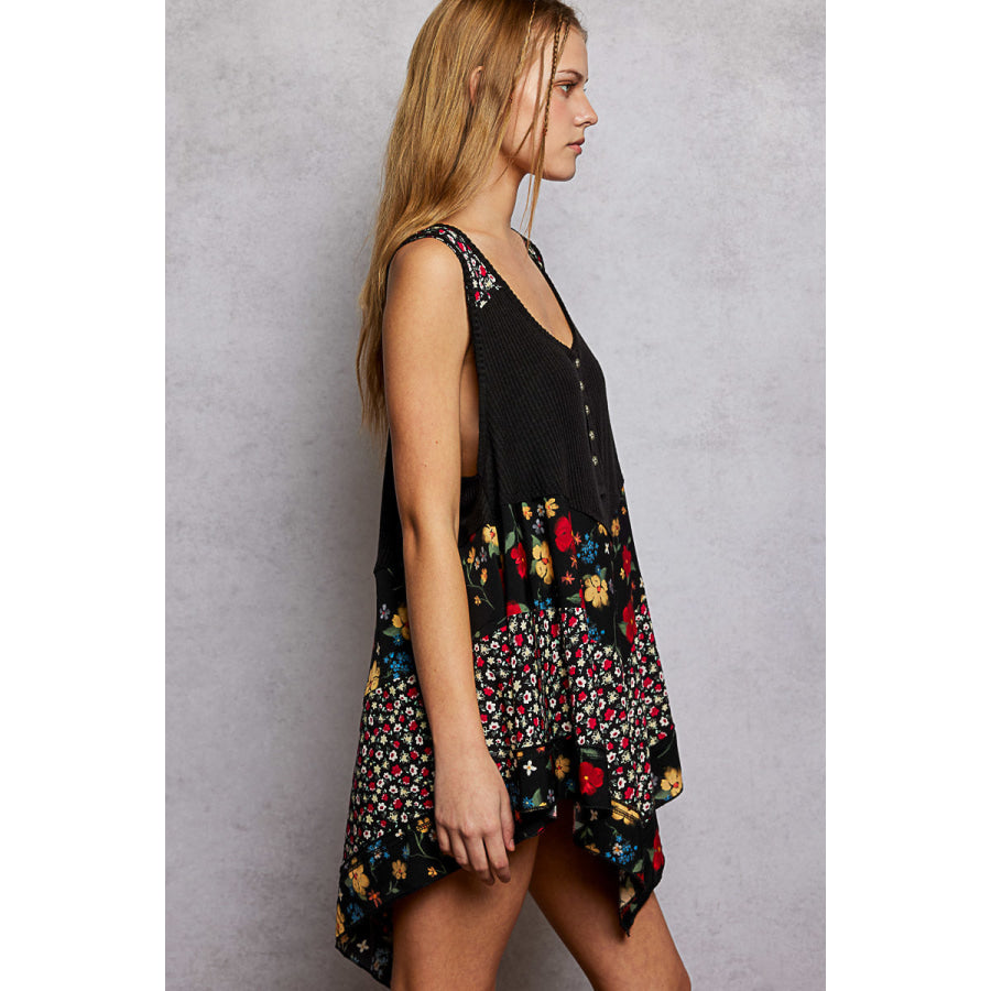 POL Round Neck Ribbed Tank with Woven Print Patch Apparel and Accessories
