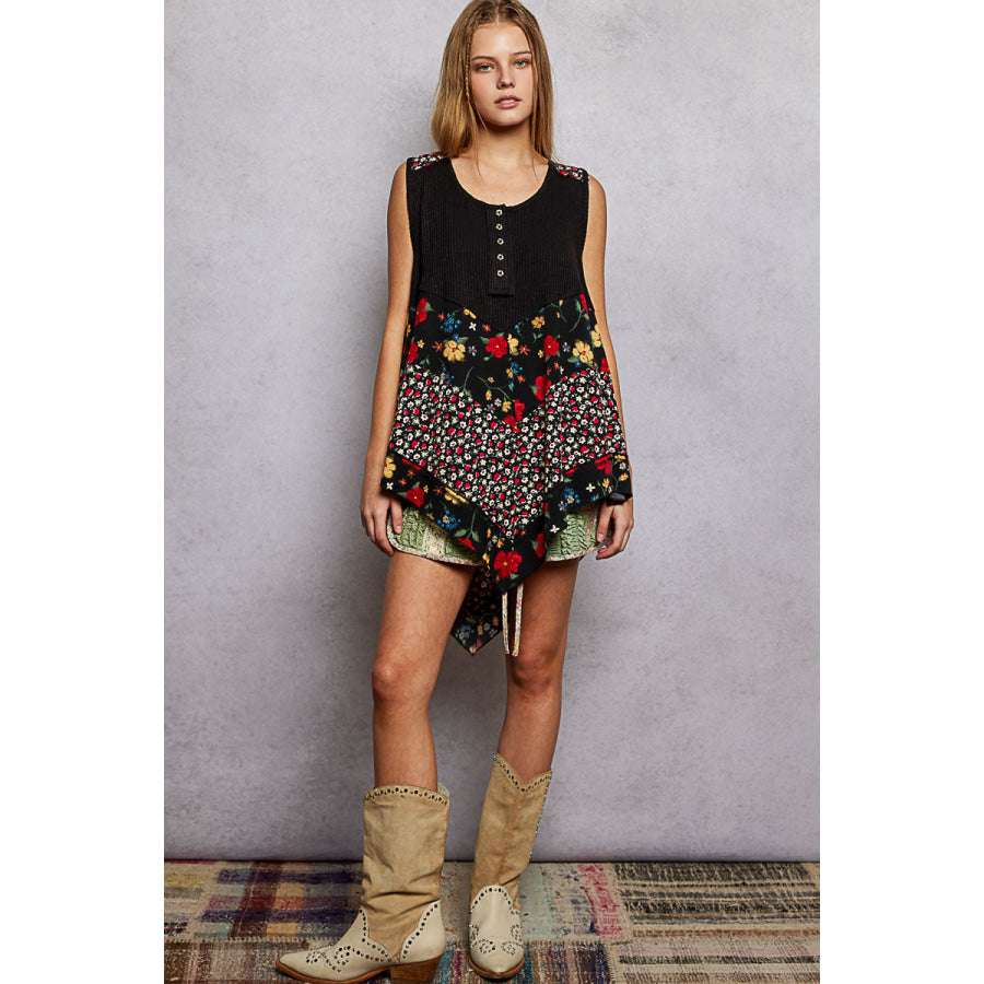 POL Round Neck Ribbed Tank with Woven Print Patch Apparel and Accessories