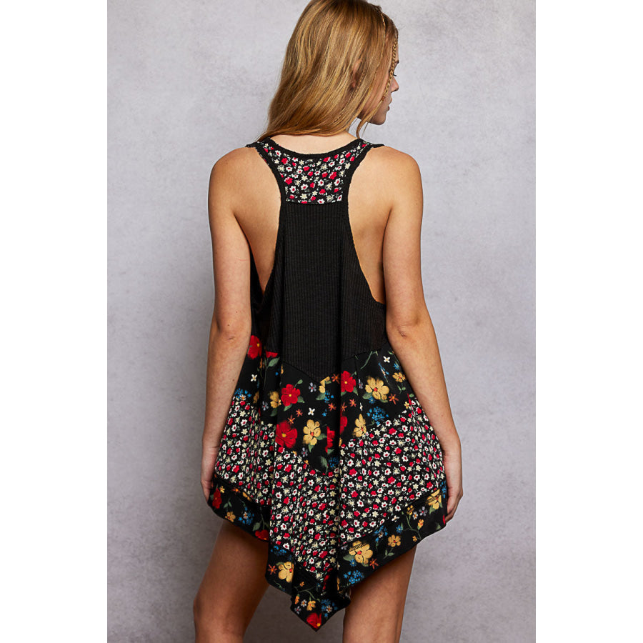 POL Round Neck Ribbed Tank with Woven Print Patch Apparel and Accessories
