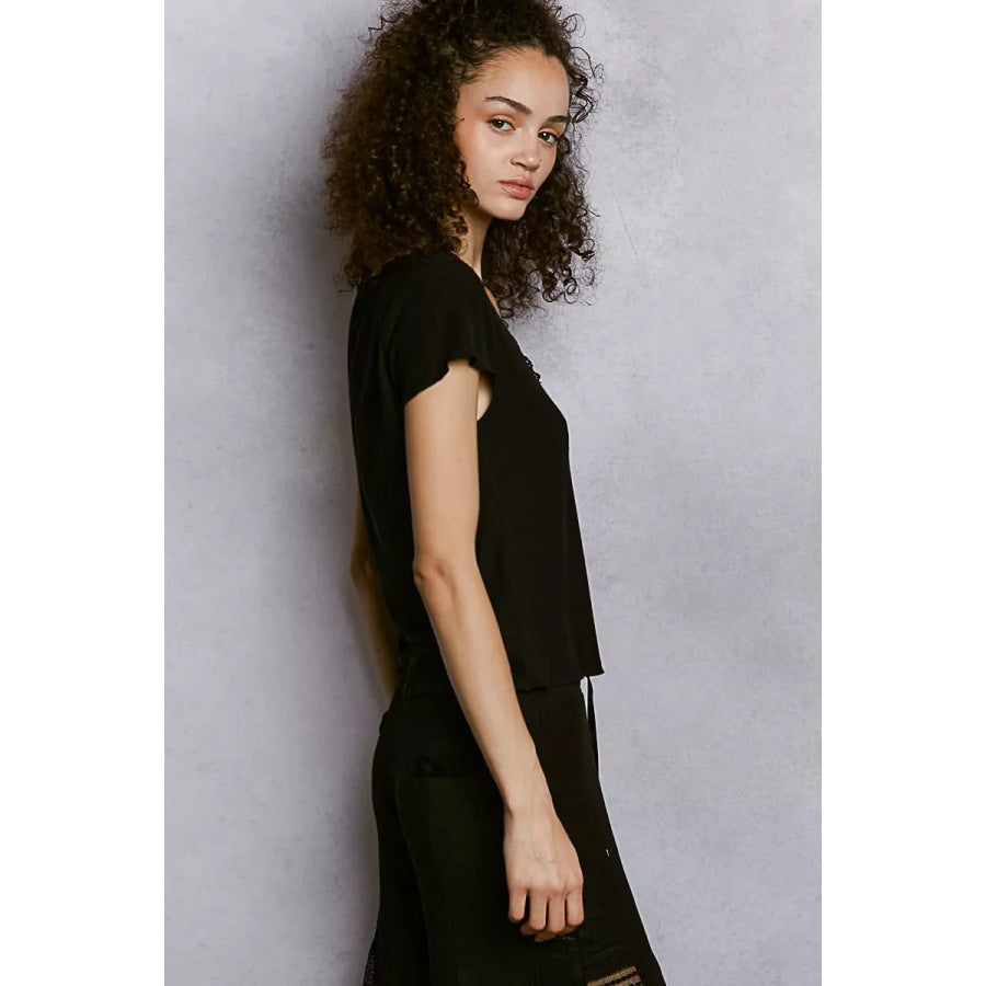POL Round Neck Short Sleeve Crop T-Shirt with Lace Trim Apparel and Accessories