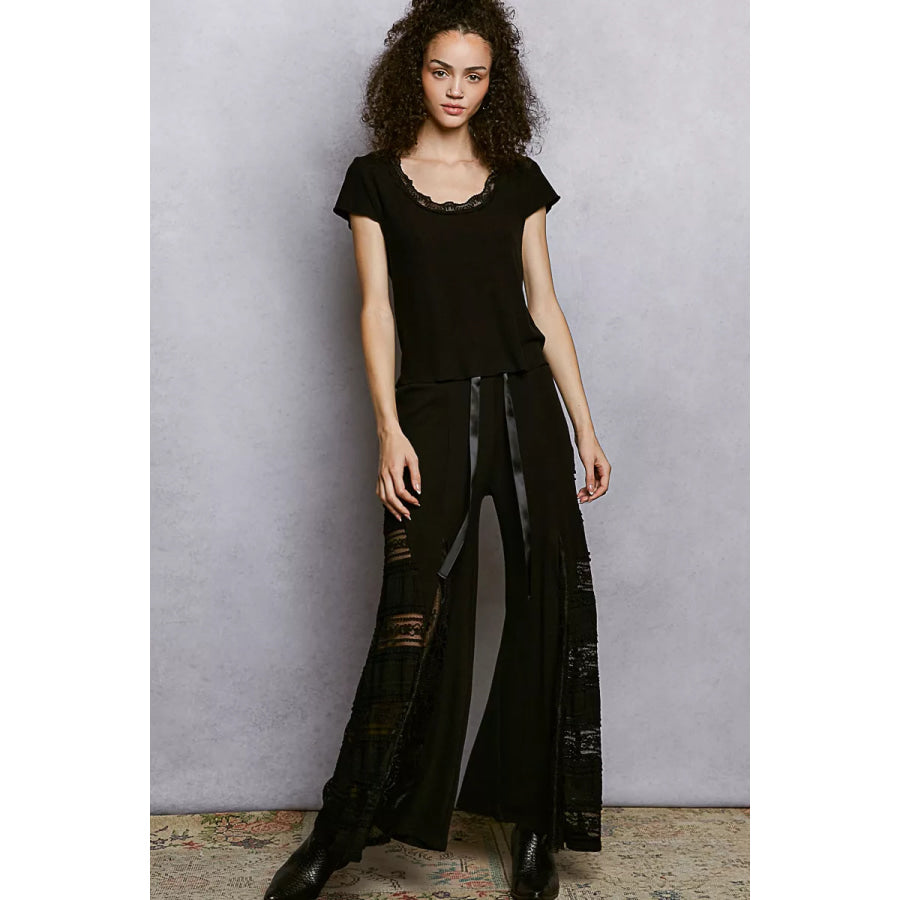 POL Round Neck Short Sleeve Crop T-Shirt with Lace Trim Apparel and Accessories