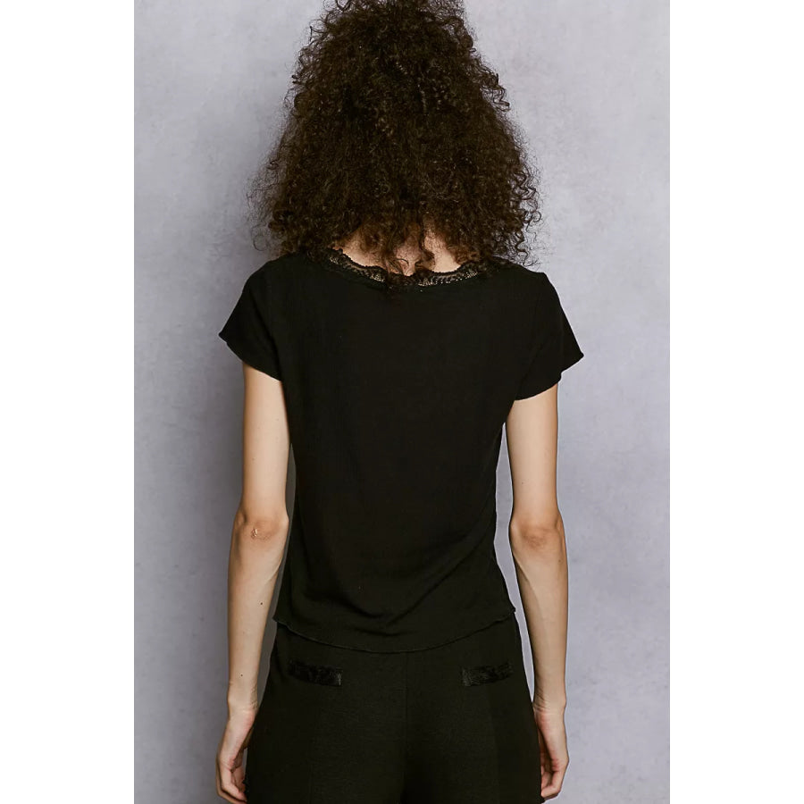 POL Round Neck Short Sleeve Crop T-Shirt with Lace Trim Apparel and Accessories
