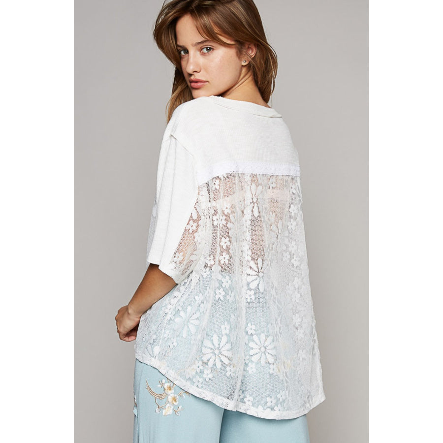 POL Round Neck Short Sleeve Lace Top Apparel and Accessories