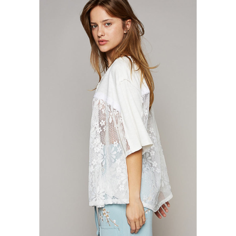 POL Round Neck Short Sleeve Lace Top Apparel and Accessories
