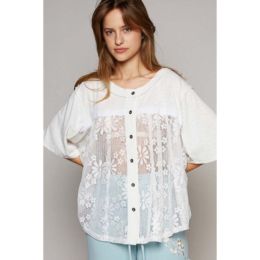 POL Round Neck Short Sleeve Lace Top Off White / S Apparel and Accessories