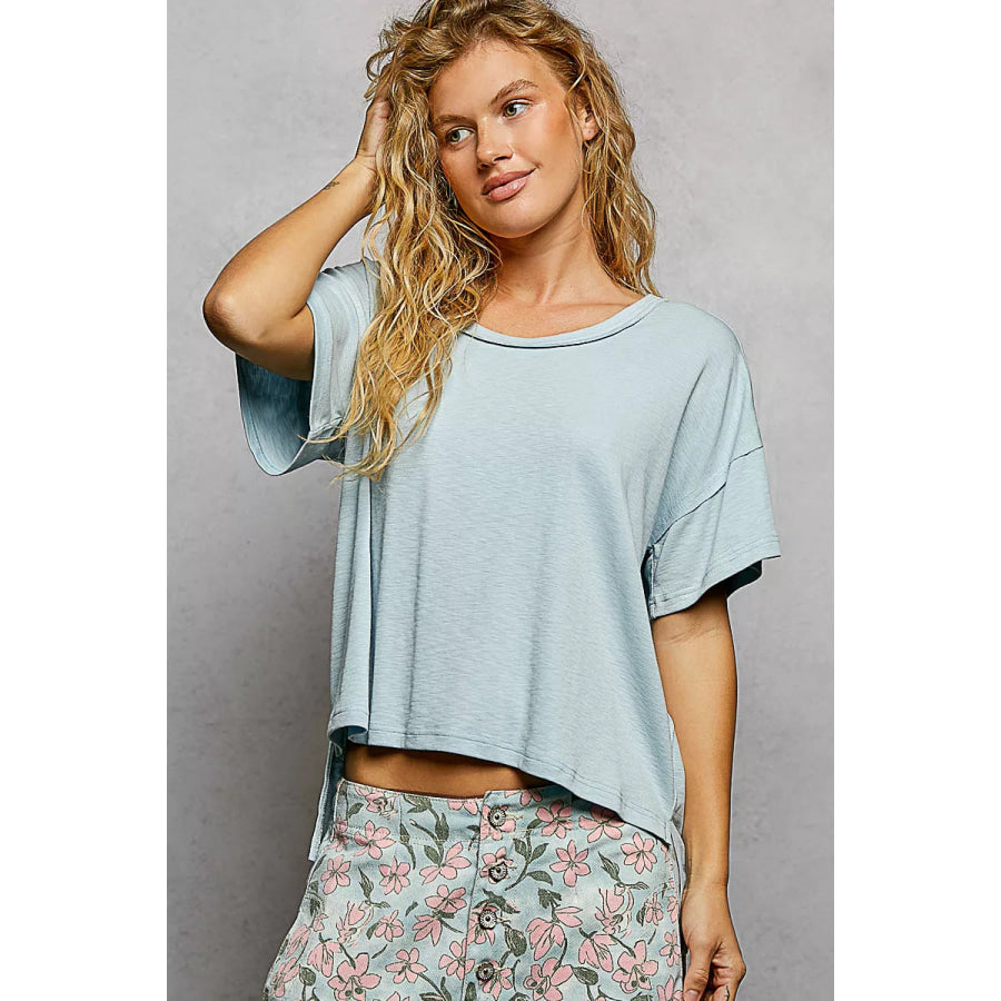 POL Round Neck Short Sleeve T-Shirt with High Low Hem MINT / S Apparel and Accessories