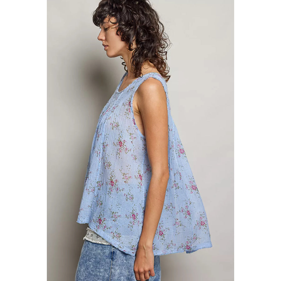 POL Round Neck Sleeveless Floral Pleated Cotton Top Apparel and Accessories