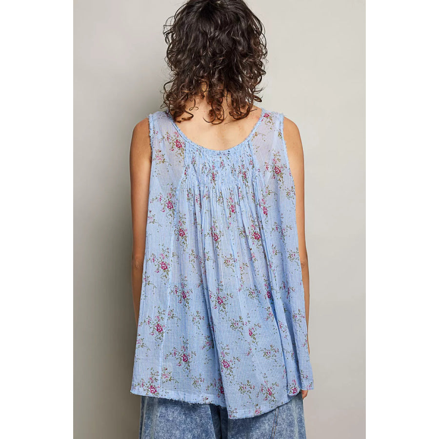 POL Round Neck Sleeveless Floral Pleated Cotton Top Apparel and Accessories