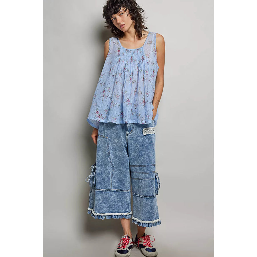POL Round Neck Sleeveless Floral Pleated Cotton Top Apparel and Accessories
