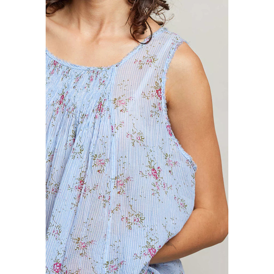 POL Round Neck Sleeveless Floral Pleated Cotton Top Apparel and Accessories