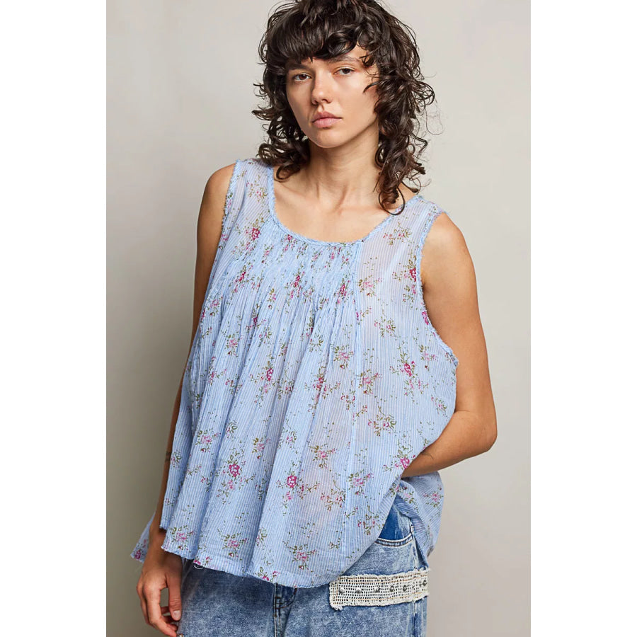 POL Round Neck Sleeveless Floral Pleated Cotton Top Apparel and Accessories