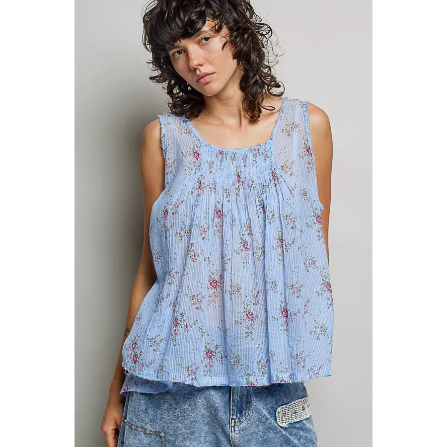 POL Round Neck Sleeveless Floral Pleated Cotton Top BLUE FLORAL / S Apparel and Accessories
