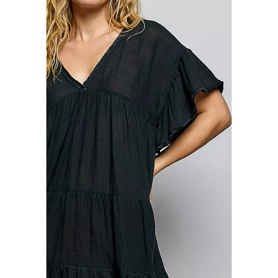 POL Ruffle Shirred V-Neck Short Sleeve Cotton Dress Apparel and Accessories
