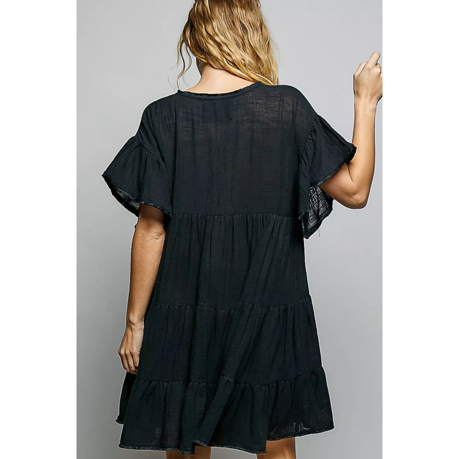 POL Ruffle Shirred V-Neck Short Sleeve Cotton Dress Apparel and Accessories