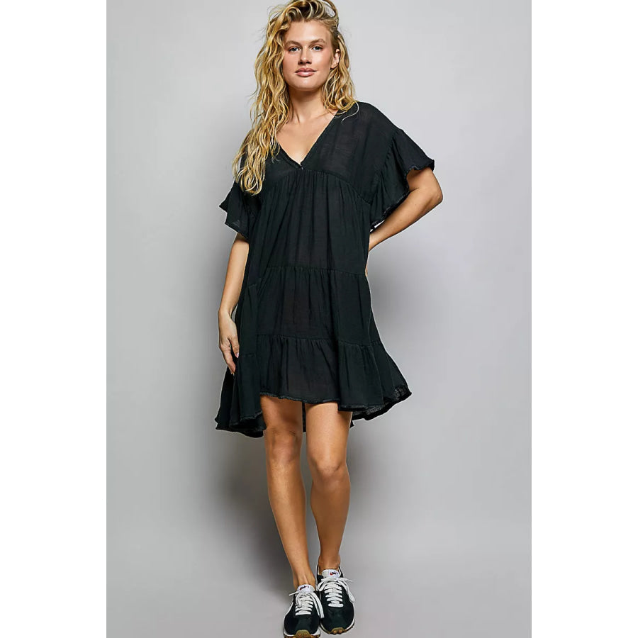 POL Ruffle Shirred V-Neck Short Sleeve Cotton Dress Apparel and Accessories