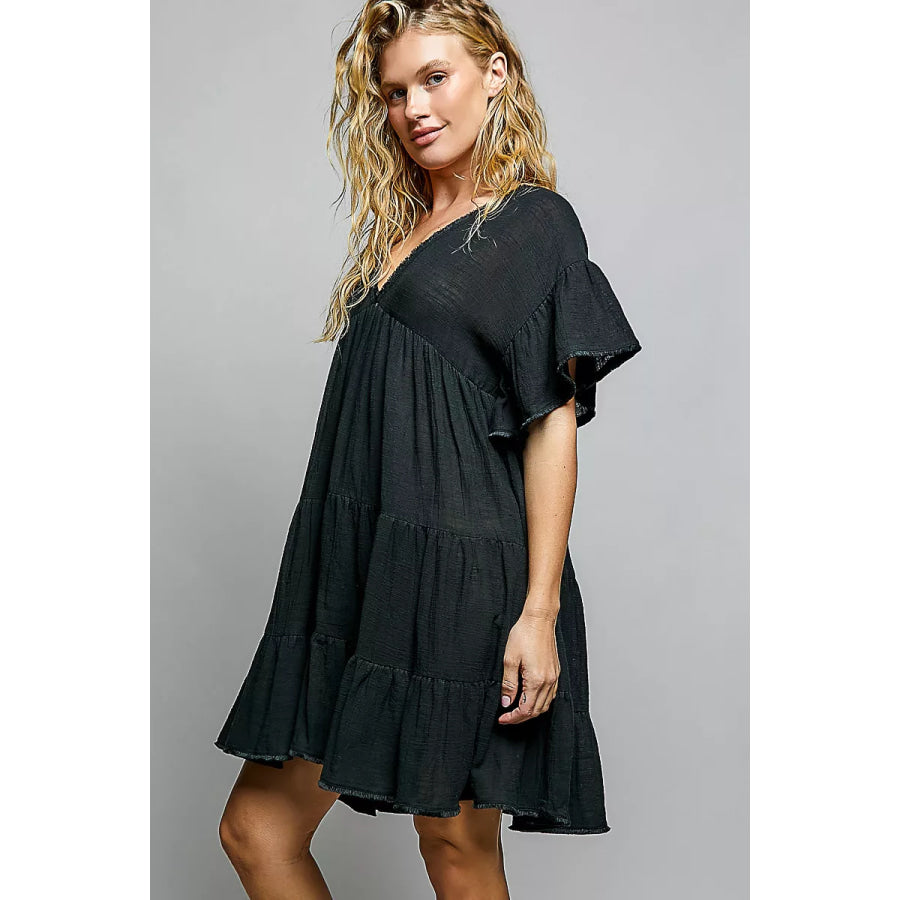 POL Ruffle Shirred V-Neck Short Sleeve Cotton Dress Apparel and Accessories
