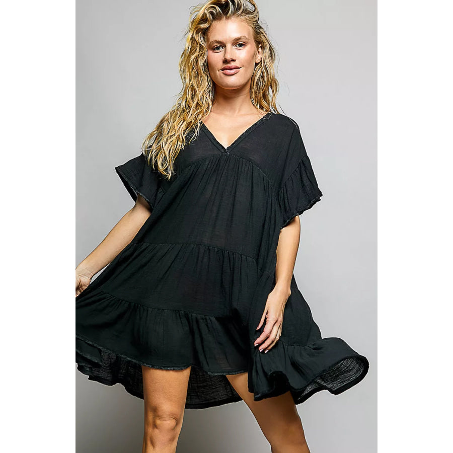 POL Ruffle Shirred V-Neck Short Sleeve Cotton Dress Apparel and Accessories