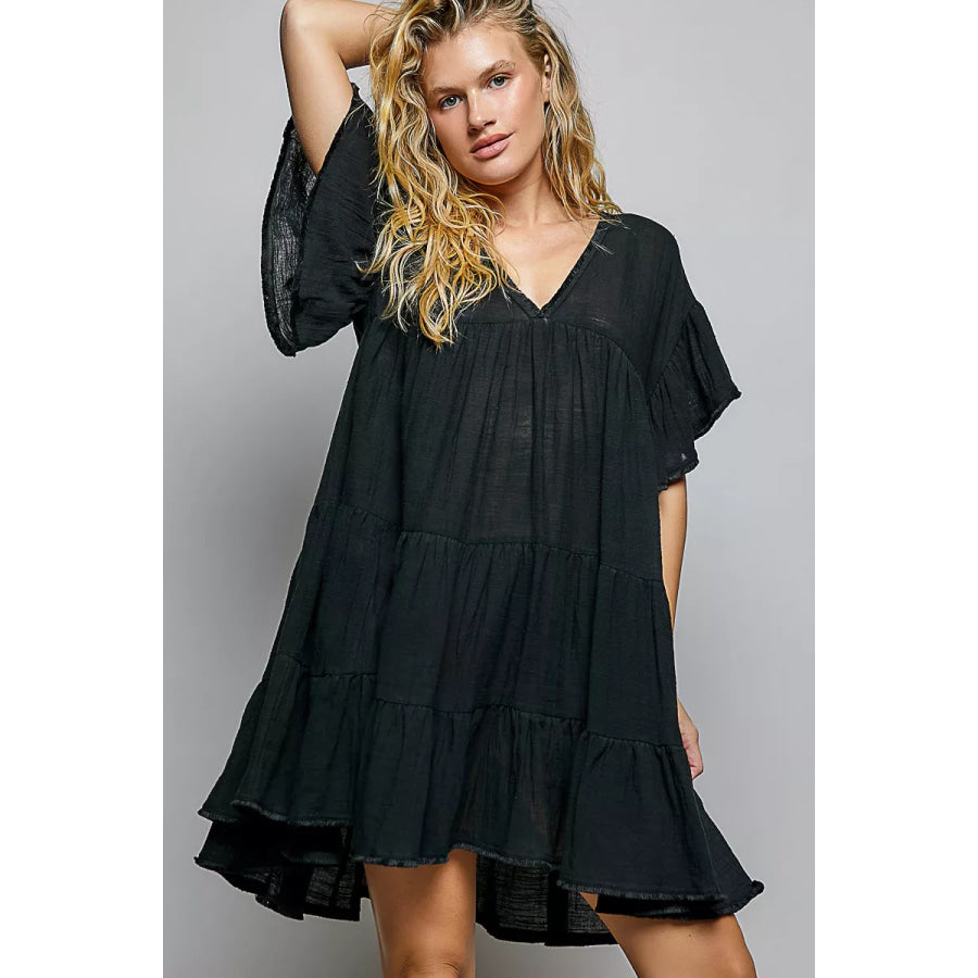 POL Ruffle Shirred V-Neck Short Sleeve Cotton Dress Black / S Apparel and Accessories