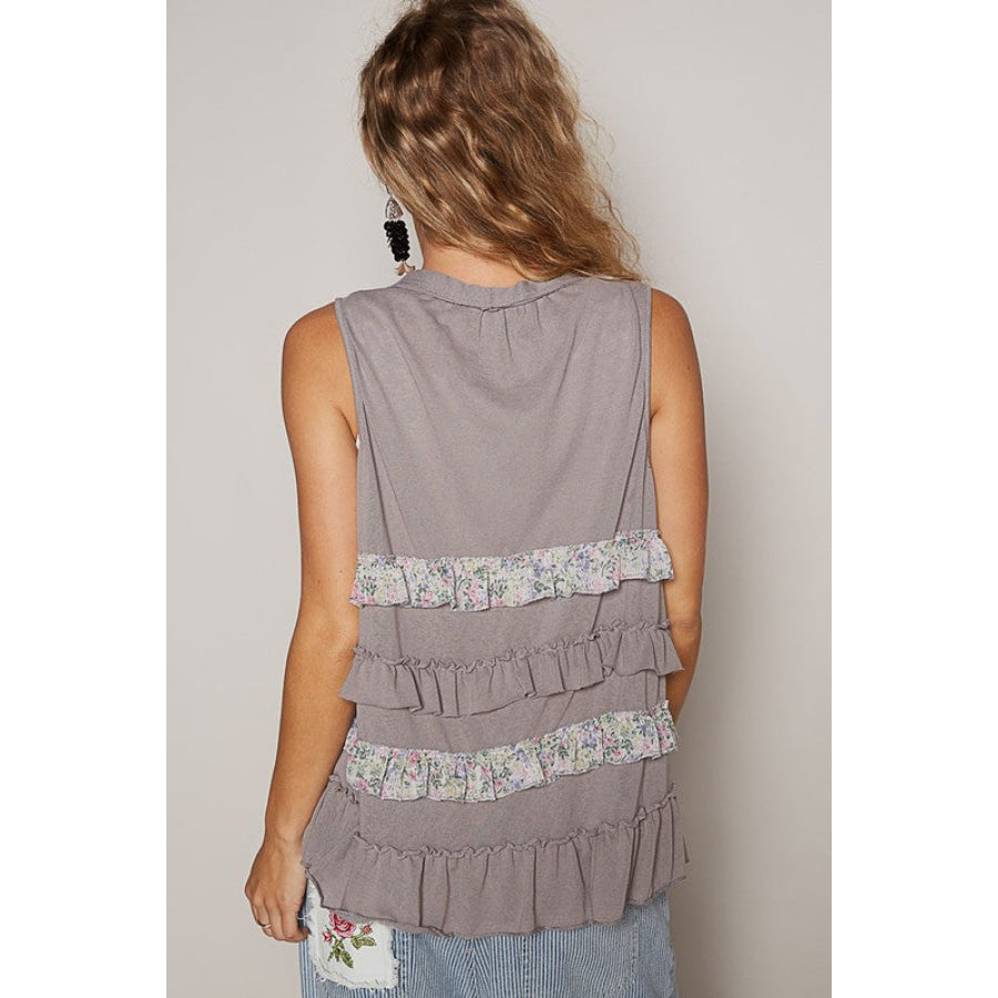 POL Ruffled Open Front Sleeveless Cardigan Apparel and Accessories