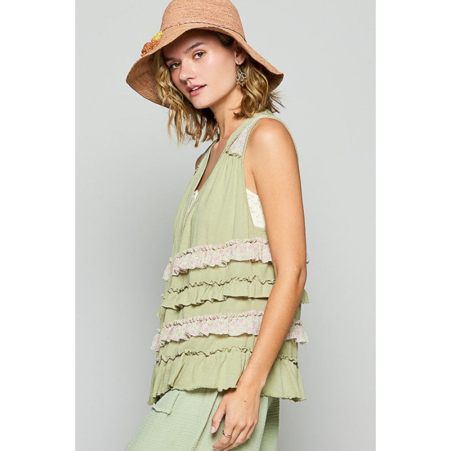 POL Ruffled Open Front Sleeveless Cardigan Apparel and Accessories