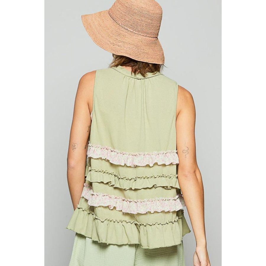 POL Ruffled Open Front Sleeveless Cardigan Apparel and Accessories