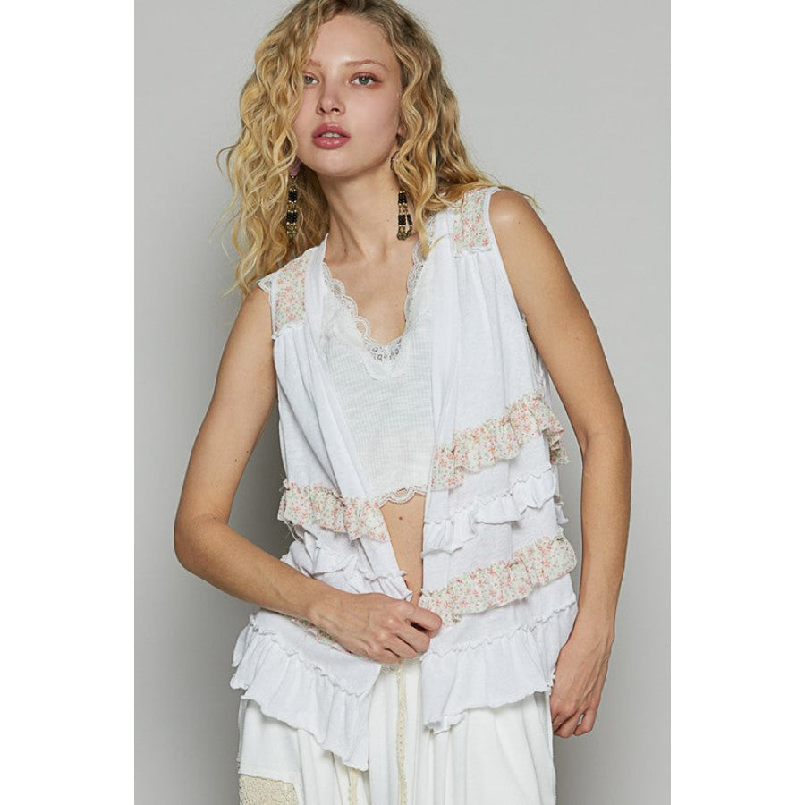 POL Ruffled Open Front Sleeveless Cardigan Apparel and Accessories