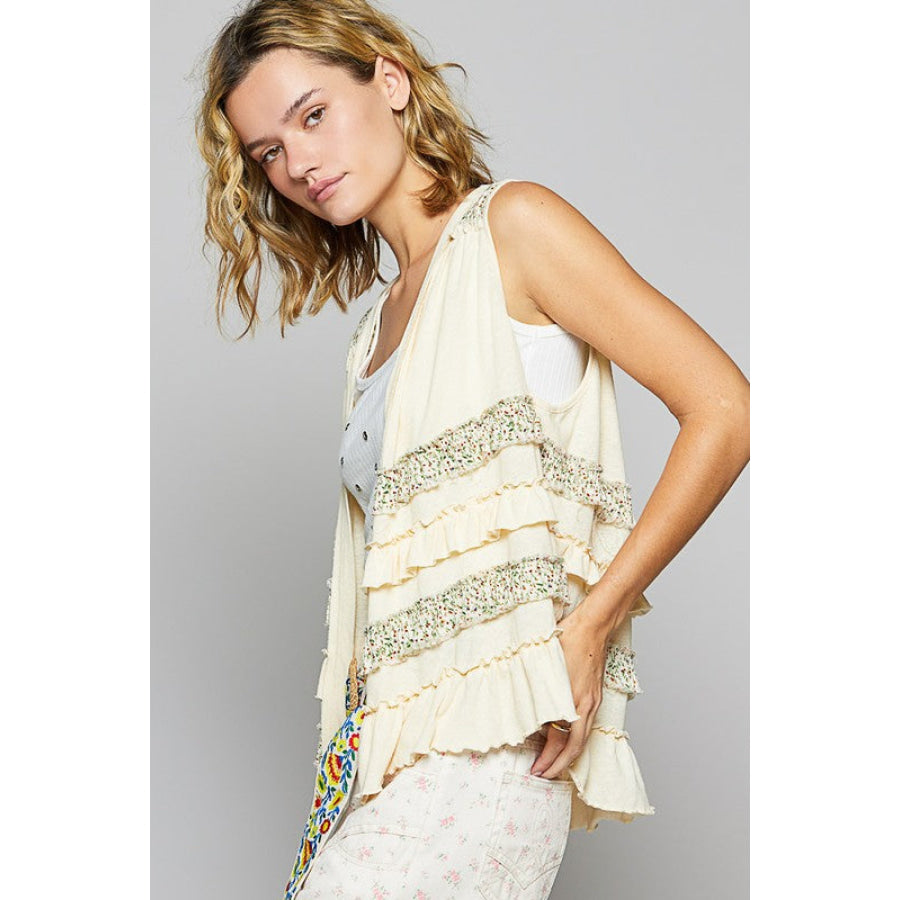 POL Ruffled Open Front Sleeveless Cardigan Apparel and Accessories