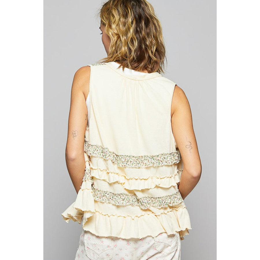 POL Ruffled Open Front Sleeveless Cardigan Apparel and Accessories