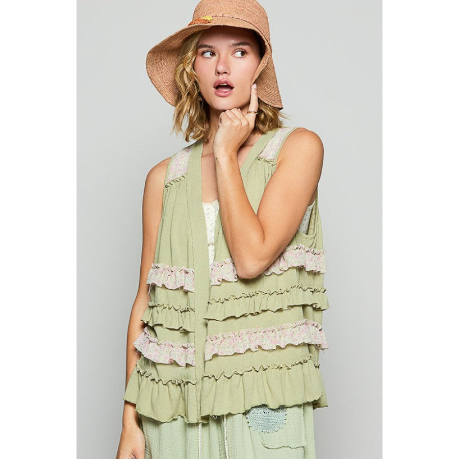 POL Ruffled Open Front Sleeveless Cardigan Apparel and Accessories